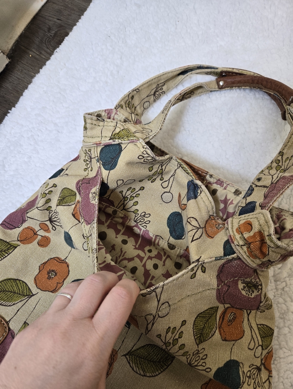 Fossil Floral Shoulder Bag Purse Canvas Deep Pockets - Picture 5 of 8